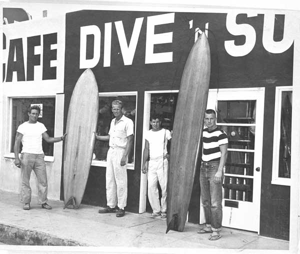 Dave Velsey, Hap Jacobs, Bill Meistrell and Bev Morgan outside Dive ‘N Surf